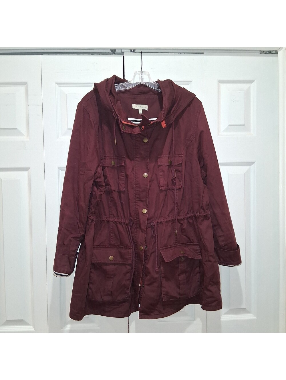 41 Hawthorn Womens 2X Burgundy Anorak Utility Jacket Hooded Striped Lined Cargo